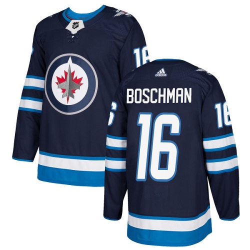 Adidas Jets #16 Laurie Boschman Navy Blue Home Authentic Stitched NHL Jersey - Click Image to Close